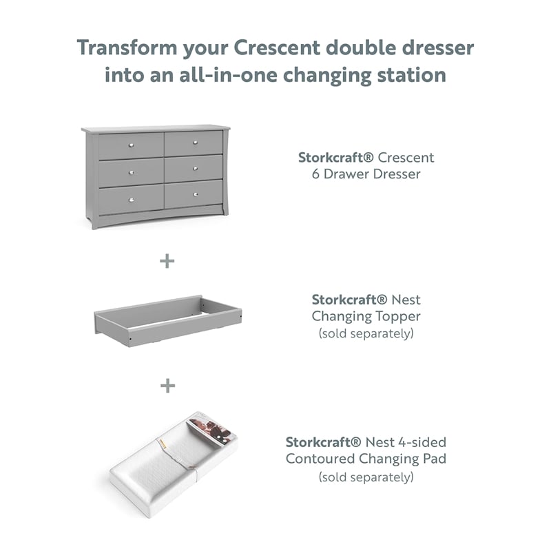 Stork Craft USA Crescent 6-Drawer Engineered Wood Double Dresser in Pebble Gray