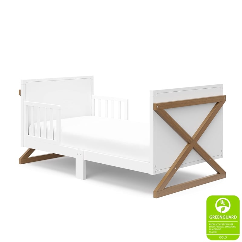 Stork Craft USA Equinox Wood Toddler Bed with Guardrails in White/Driftwood