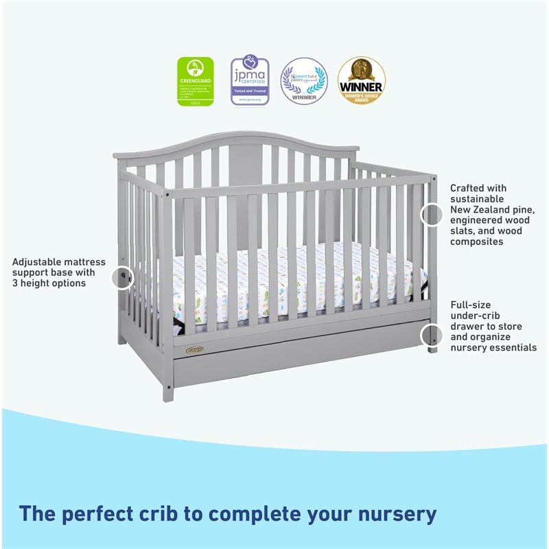 Stork Craft USA Graco Solano Wood 4-in-1 Convertible Crib with Drawer in Gray