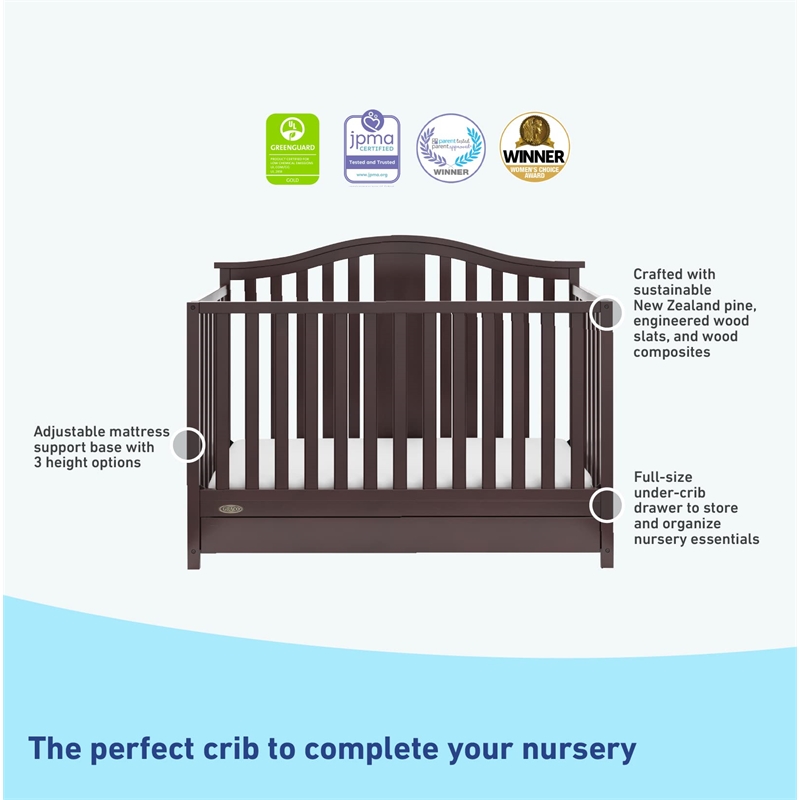 Stork Craft USA Graco Solano Wood 4-in-1 Convertible Crib with Drawer - Gray