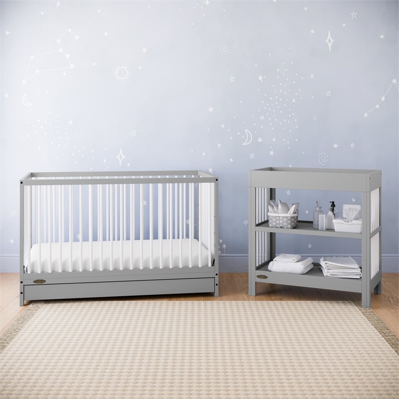 Stork Craft USA Teddi 5-in-1 Wood Convertible Crib w/ Drawer in Pebble Gray