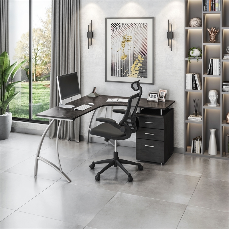 Scranton & Co Modern Wood L-Shaped Corner Desk with File Cabinet in Espresso