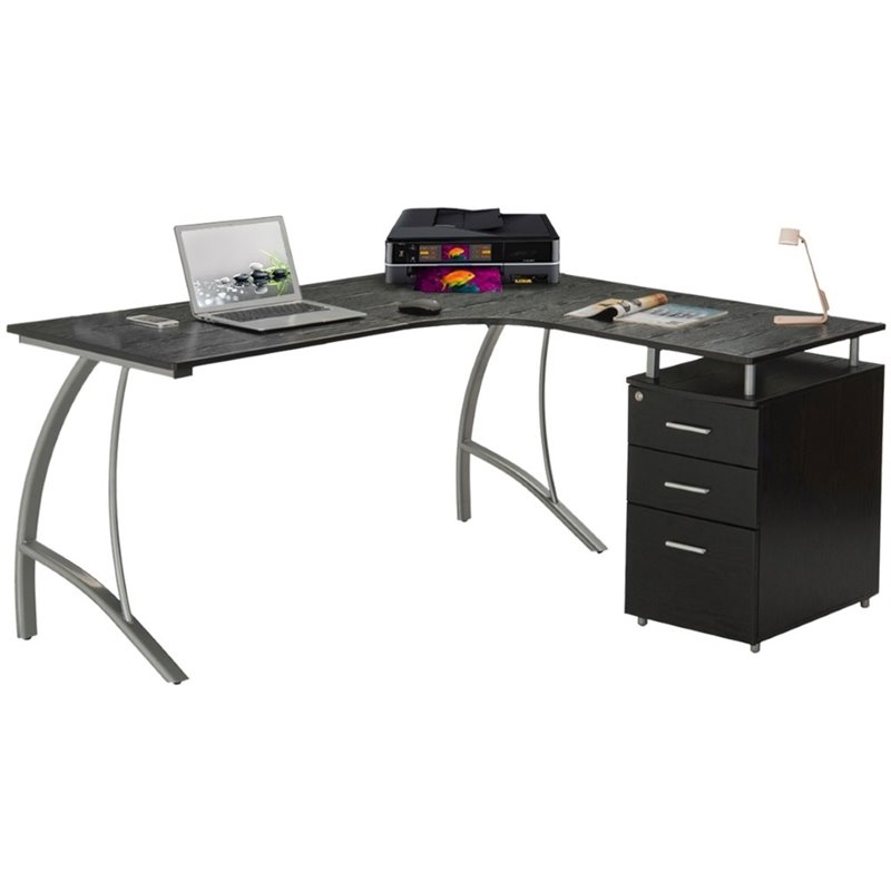 Scranton & Co Modern Wood L-Shaped Corner Desk with File Cabinet in Espresso