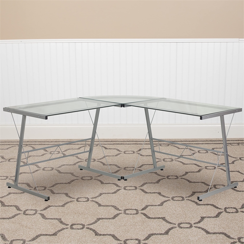 Scranton & Co Tempered Glass Silver Computer Desk L-Shaped Contemporary 59