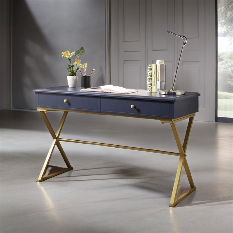 Scranton & Co Wood Blue and Gold Writing Desk Rectangular Durable Unassembled