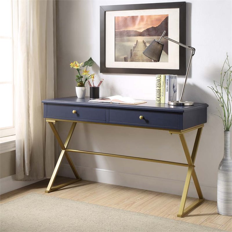Scranton & Co Wood Blue and Gold Writing Desk Rectangular Durable Unassembled