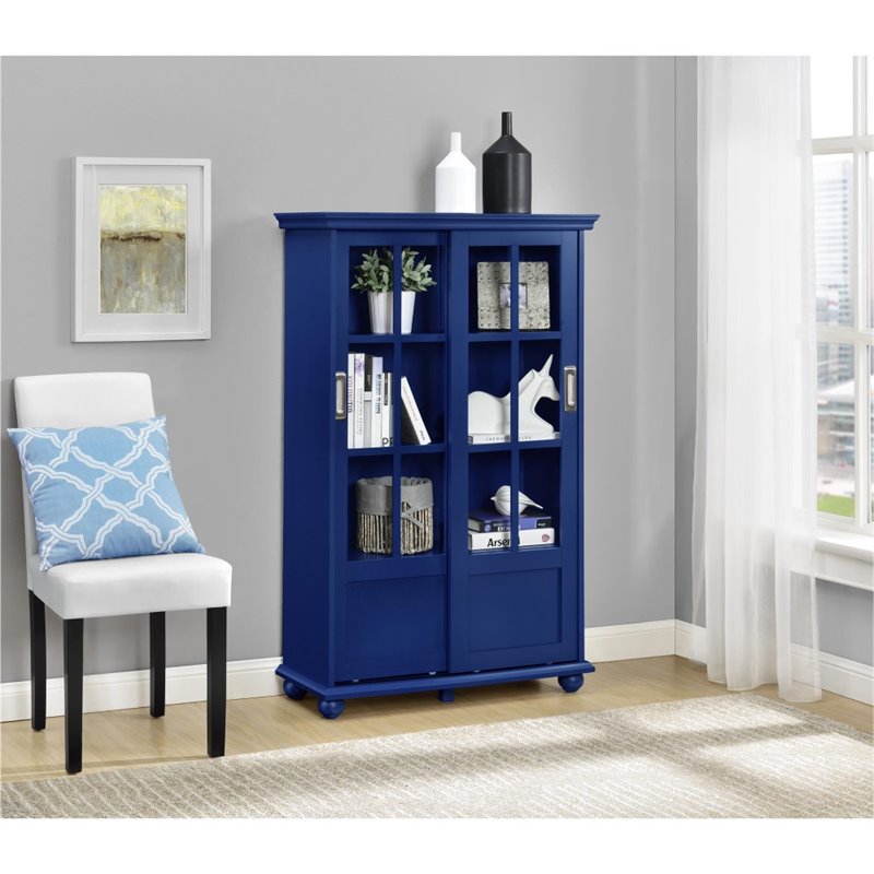 Scranton & Co 4 Shelf Bookcase with Sliding Glass Doors in Navy