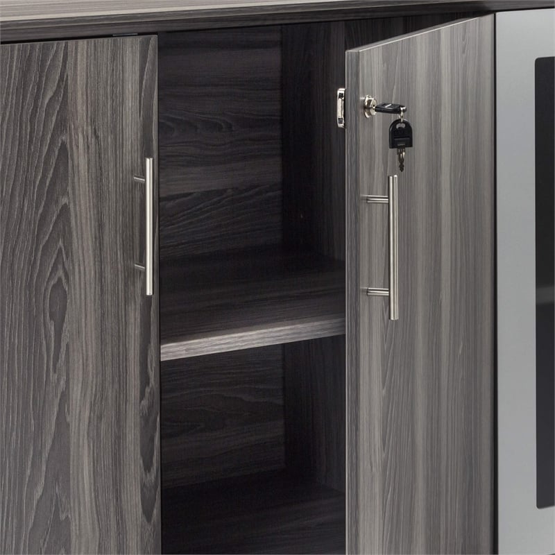 Scranton & Co Low Wall Cabinet with Wood-Glass Door in Gray Steel
