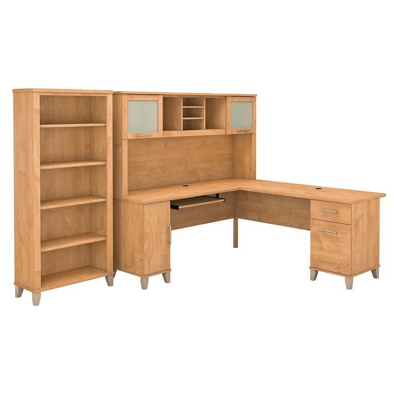 Scranton & Co Furniture Somerset 72W L Desk with Hutch & Bookcase in Maple Cross