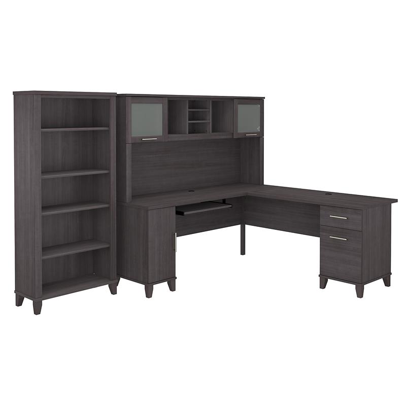 Scranton & Co Furniture Somerset 72W L Desk with Hutch & Bookcase in Storm Gray