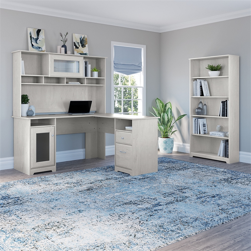 Scranton & Co Furniture Cabot L Shaped Desk with Hutch & Bookcase in White Oak