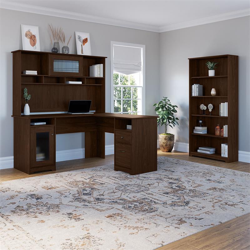 Scranton & Co Furniture Cabot L Shaped Desk w/ Hutch & Bookcase in Modern Walnut