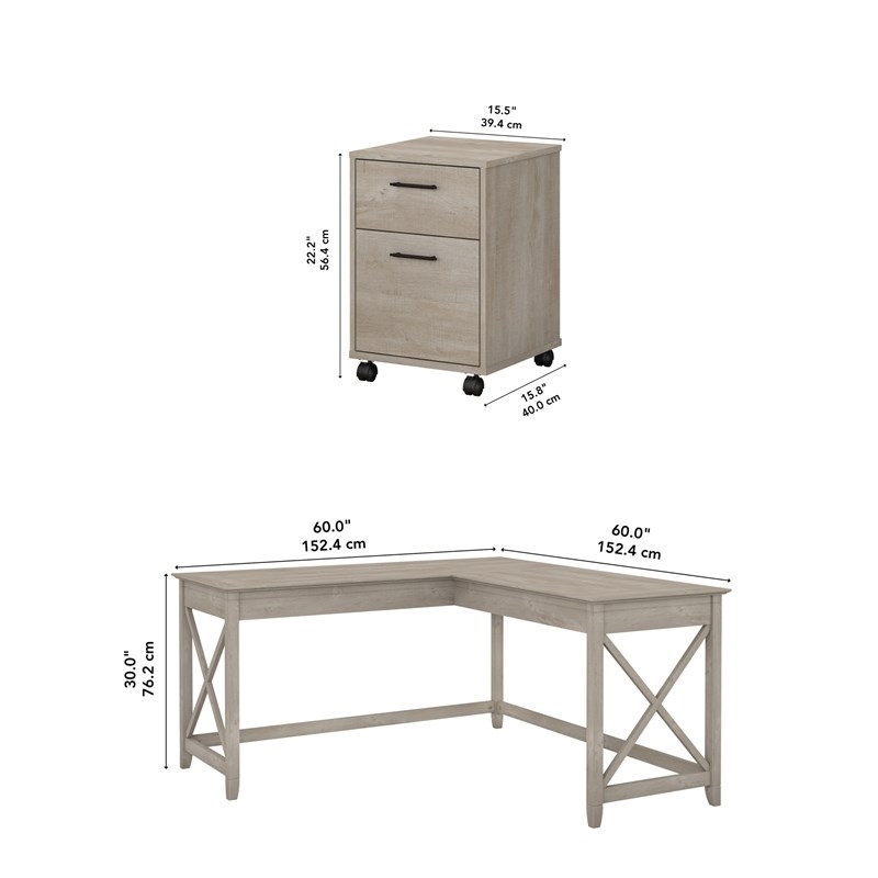 Scranton & Co L-Shaped Engineered Wood Desk with File Cabinet in Washed Gray