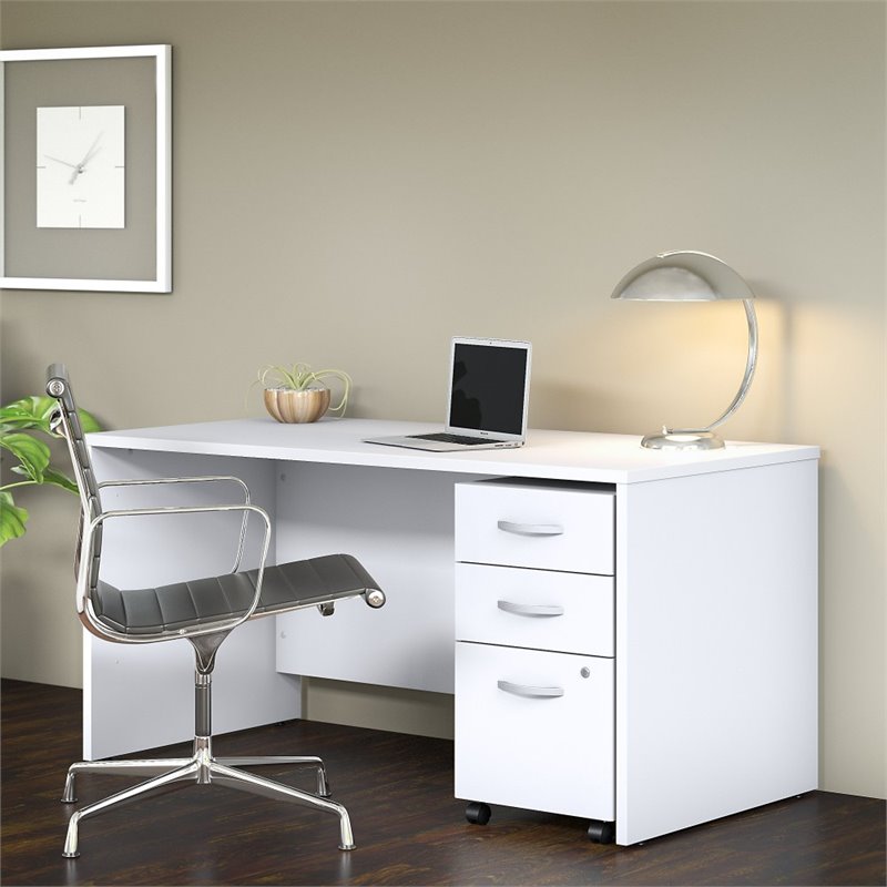 Scranton & Co Thermally Fused Laminate White Office Desk with File Cabinet Rectangular Unassembled