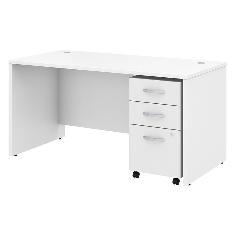 Scranton & Co Thermally Fused Laminate White Office Desk with File Cabinet Rectangular Unassembled