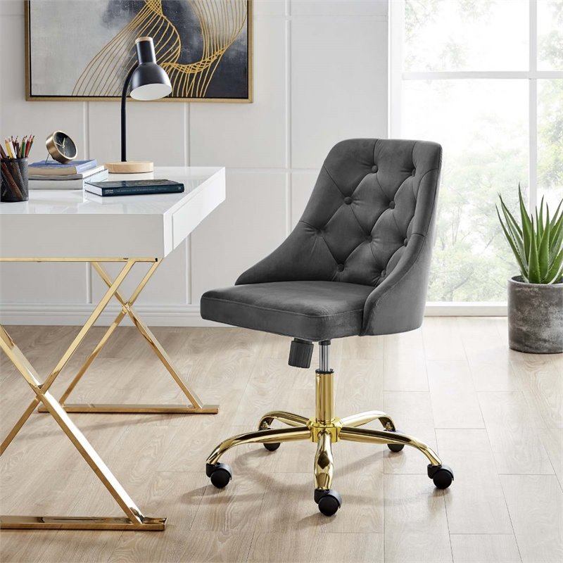 Scranton & Co Performance Velvet Tufted Office Swivel Chair in Gold and Gray
