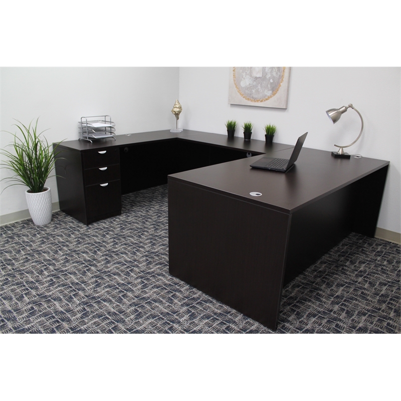 Scranton & Co 71 Inch Executive U-Shape Desk with File Pedestal in Mocha