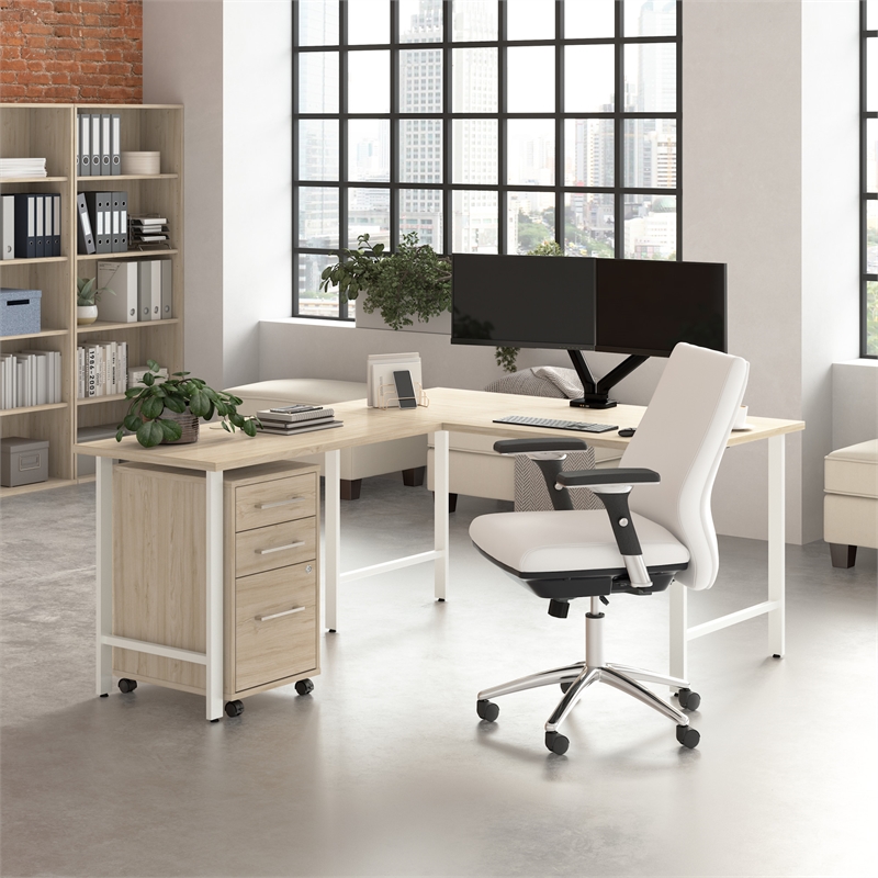 Scranton & Co Wood 60W x 30D L-Shaped Desk with Drawers in Natural Elm