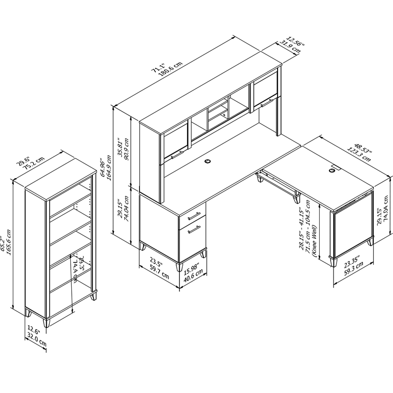 Scranton & Co Sit to Stand L-Shaped Desk with Hutch and Bookcase in Maple