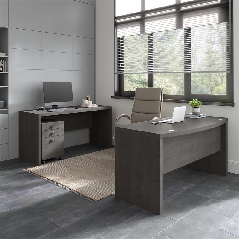 Scranton & Co Wood Bow Front Desk & Credenza w/ Drawers in Charcoal Maple