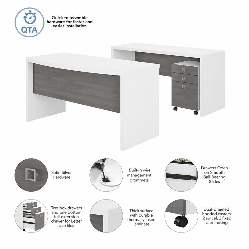 Scranton & Co Wood Bow Front Desk & Credenza w/ Drawers in White & Gray