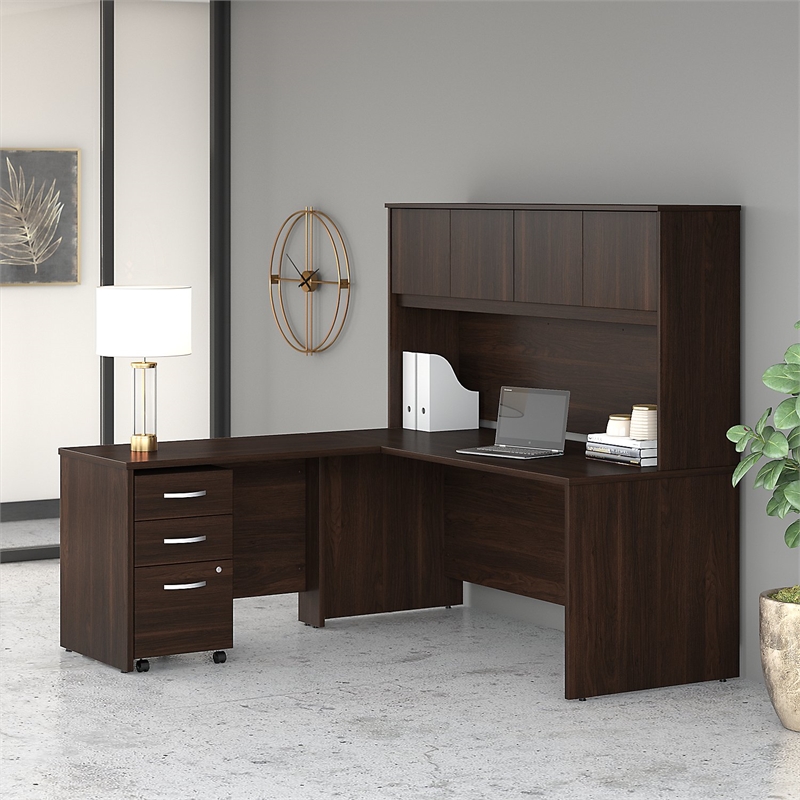 Scranton & Co Engineered Wood 72W L Desk with Hutch and Drawers in Black Walnut