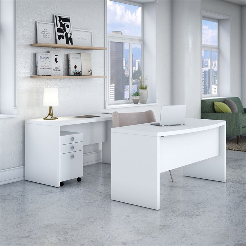 Scranton & Co Engineered Wood Bow Front Desk & Credenza w/ Drawers in Pure White