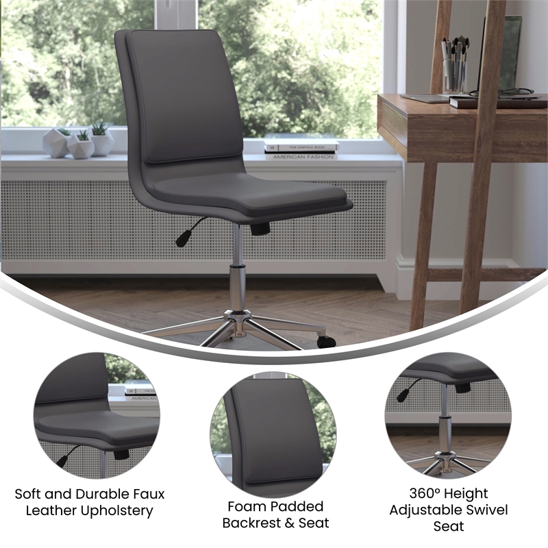 Scranton & Co Mid-Back Armless Task Chair in Gray LeatherSoft and Chrome Base