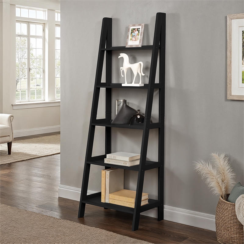 Scranton & Co Open Back 72 in Ladder Bookshelf with 5 Shelves in Black