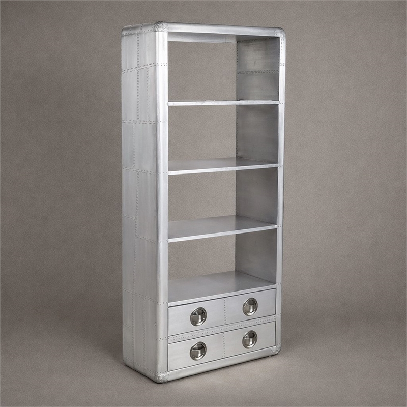 Scranton & Co 2 Drawer Aluminum Bookcase with Exposed Screws Silver