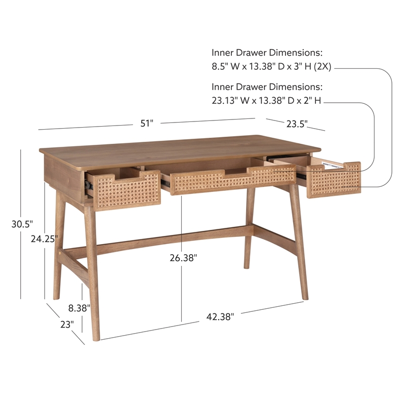 Scranton & Co Desk with 3 Woven Rattan Drawers in Natural Wood