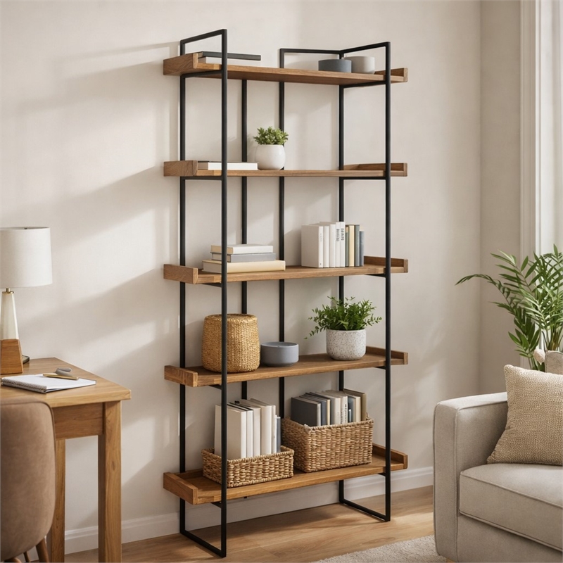 Scranton & Co 5 Level Acacia Bookshelf with Iron Frame in Brown