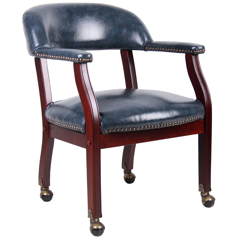 Scranton & Co Traditional Captains Chair in Blue Vinyl with Mahogany Finish