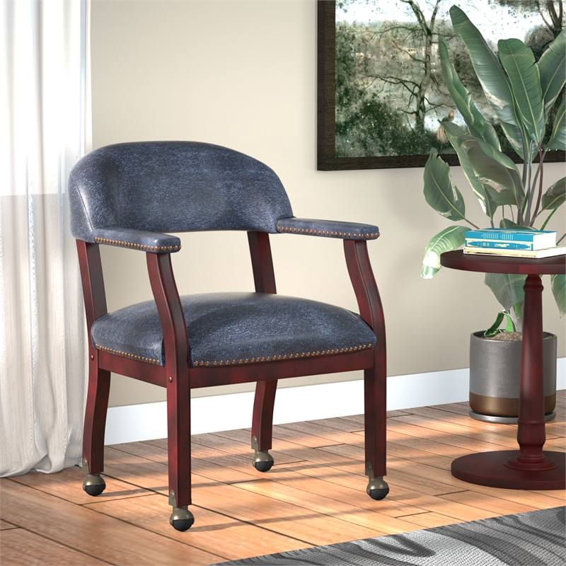 Scranton & Co Traditional Captains Chair in Blue Vinyl with Mahogany Finish
