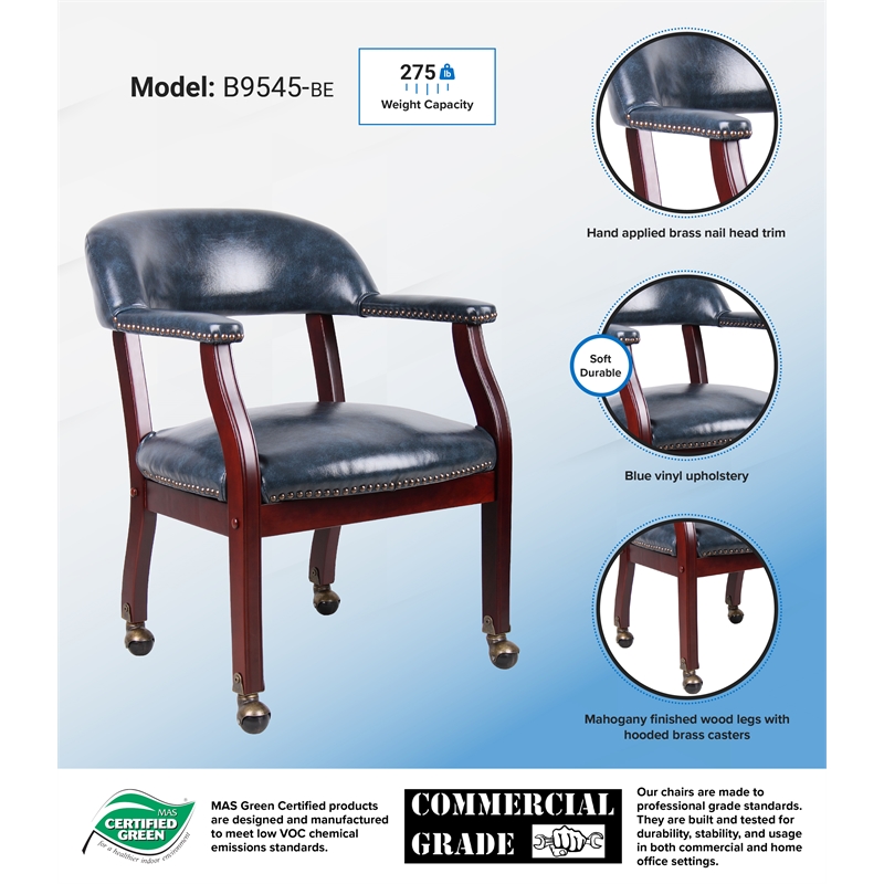 Scranton & Co Traditional Captains Chair in Blue Vinyl with Mahogany Finish
