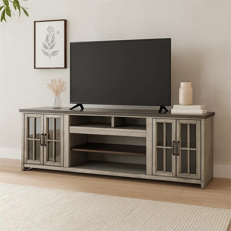 Scranton & Co Mahogany TV Console with Glass Cabinets in Gray Finish