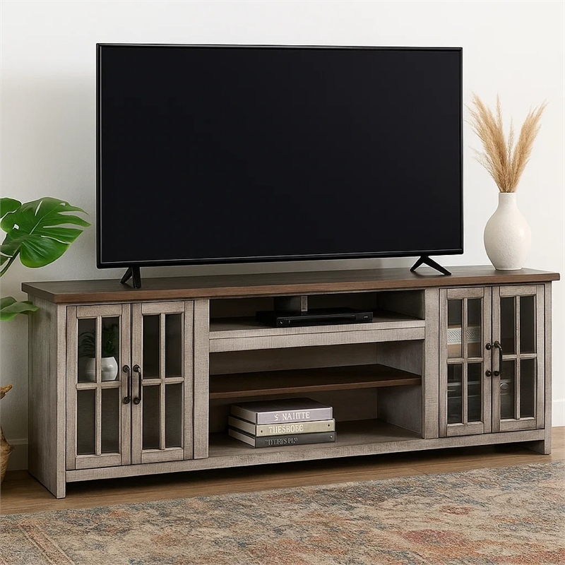 Scranton & Co Mahogany TV Console with Glass Cabinets in Gray Finish