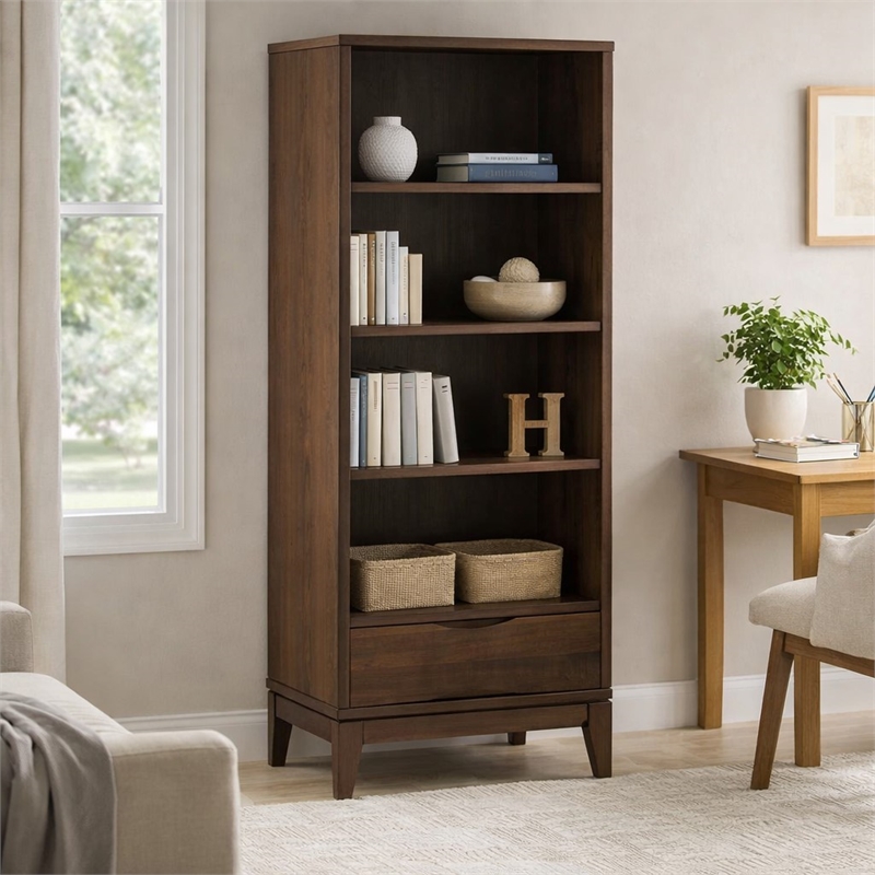 Scranton & Co Mid-Century Walnut Brown Bookcase with Storage and Shelves