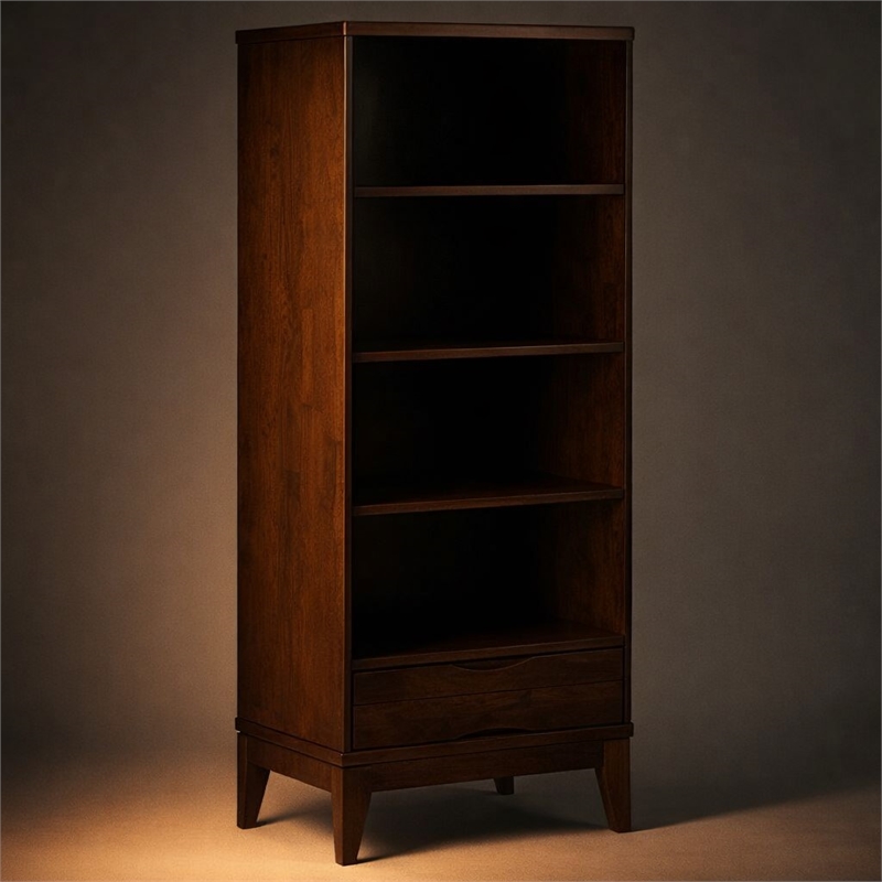 Scranton & Co Mid-Century Walnut Brown Bookcase with Storage and Shelves