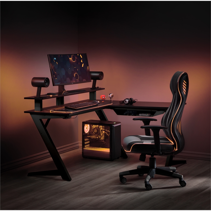 Scranton & Co L-Shape Gaming Desk with Carbon Top and Matte Black Frame