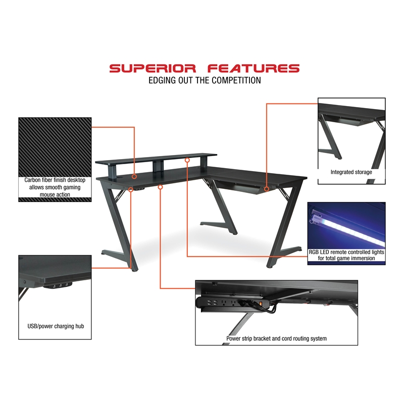 Scranton & Co L-Shape Gaming Desk with Carbon Top and Matte Black Frame