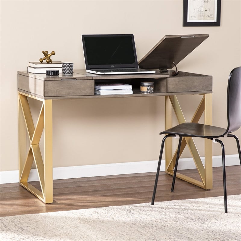 Scranton & Co Two-Tone Gray Gold Writing Desk with Hidden Storage