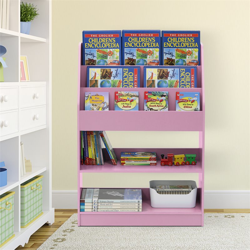 Scranton & Co Wood Bookshelf with Storage Bins in Pink 2 Shelves