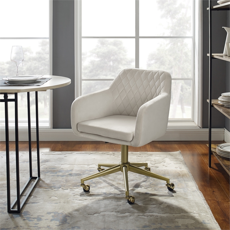 Scranton & Co Upholstered Office Chair with Gold Base and Wheels in Off White