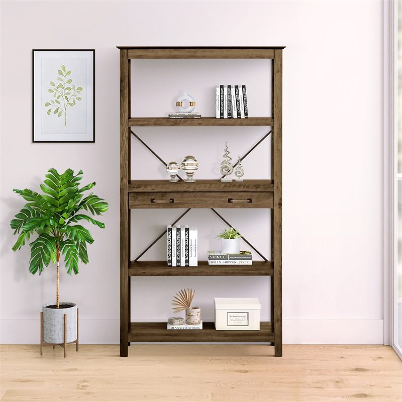 Scranton & Co 4-Shelf Bookcase with 2 Drawers in Rustic Oak Brown