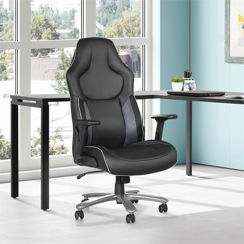 Scranton & Co Big & Tall Bonded Leather Gaming Chair in Gray Mesh