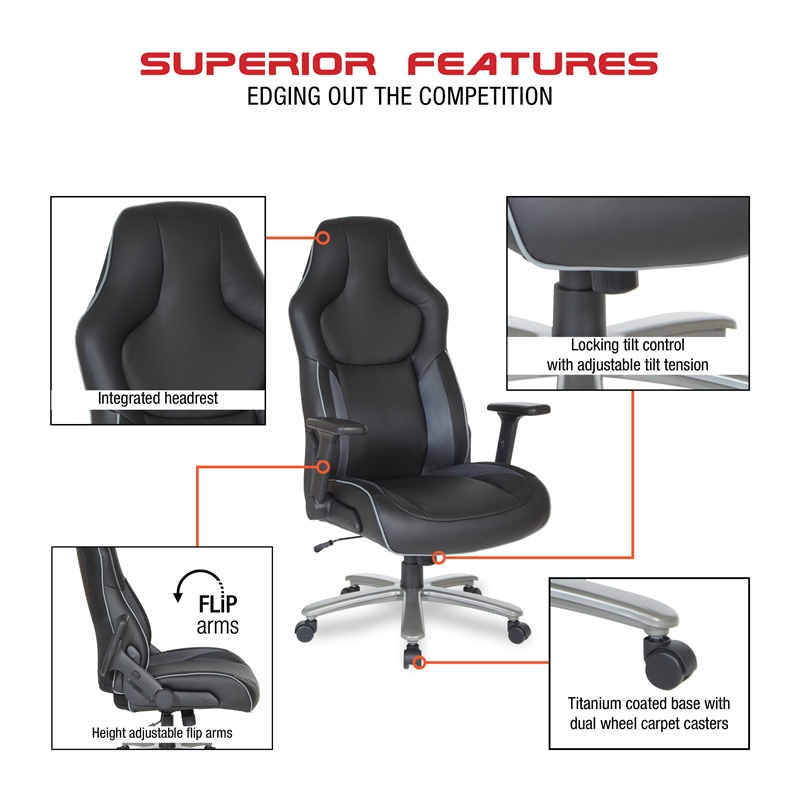 Scranton & Co Big & Tall Bonded Leather Gaming Chair in Gray Mesh