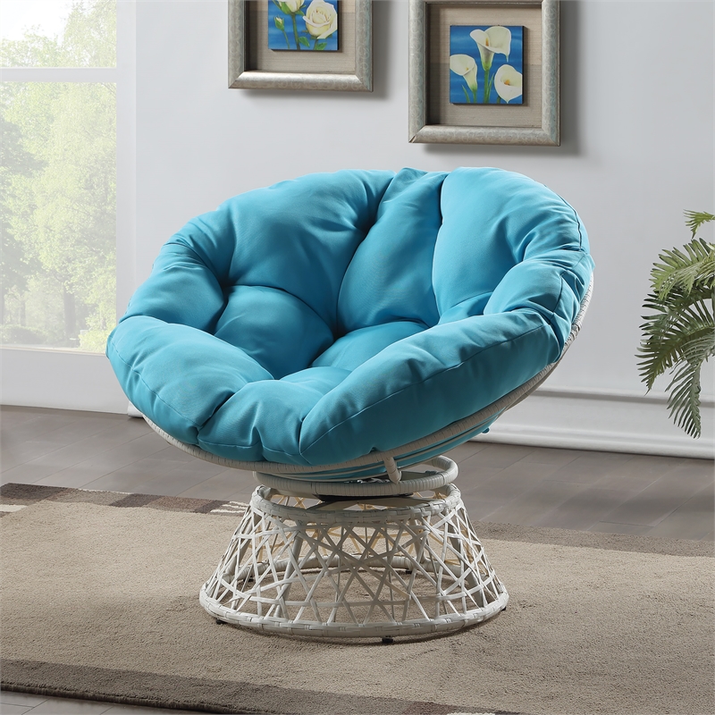 Scranton & Co Wicker Swivel Chair in Cream with Blue Cushion