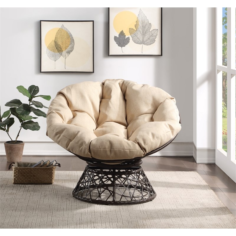 Scranton & Co Contemporary Swivel Chair in Cream with Brown Wicker Frame