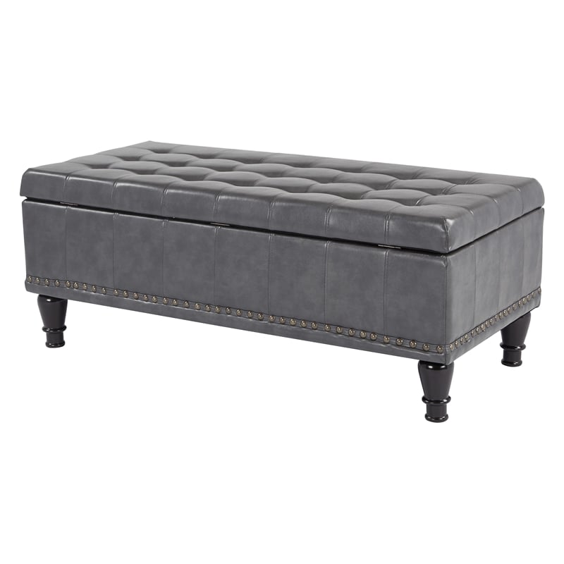 Scranton & Co Gray Bonded Leather Square Storage Ottoman with Nailhead Trim